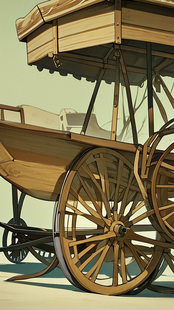 Close-up of a reconstructed Sumerian ox cart, highlighting its solid wooden wheels. The wheels are big and massive, conectadas a um eixo de madeira. The car is simple, with interlocking wooden sides. The background shows a desert scene with sparse vegetation and clear skies.