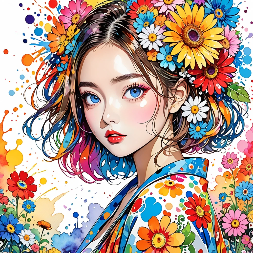 Takashi Murakami Style、(((stylish fashion))), 8K Quality、Intense watercolor, Detailed watercolor art, Watercolor splash, Surreal, avant-garde pop art, Beautiful and expressive paintings, Beautiful artwork illustration, Very colorful tones, wonderful, Cool beauty, highest quality、Official Art, Vector art, Stylish design, (((The most beautiful girl))), (((highest quality))), HDR, ((detailed)), (((Doodle Art)), ((masterpiece)), ((Super detailed)), (((Colorful flowers))),(((Stylish))),