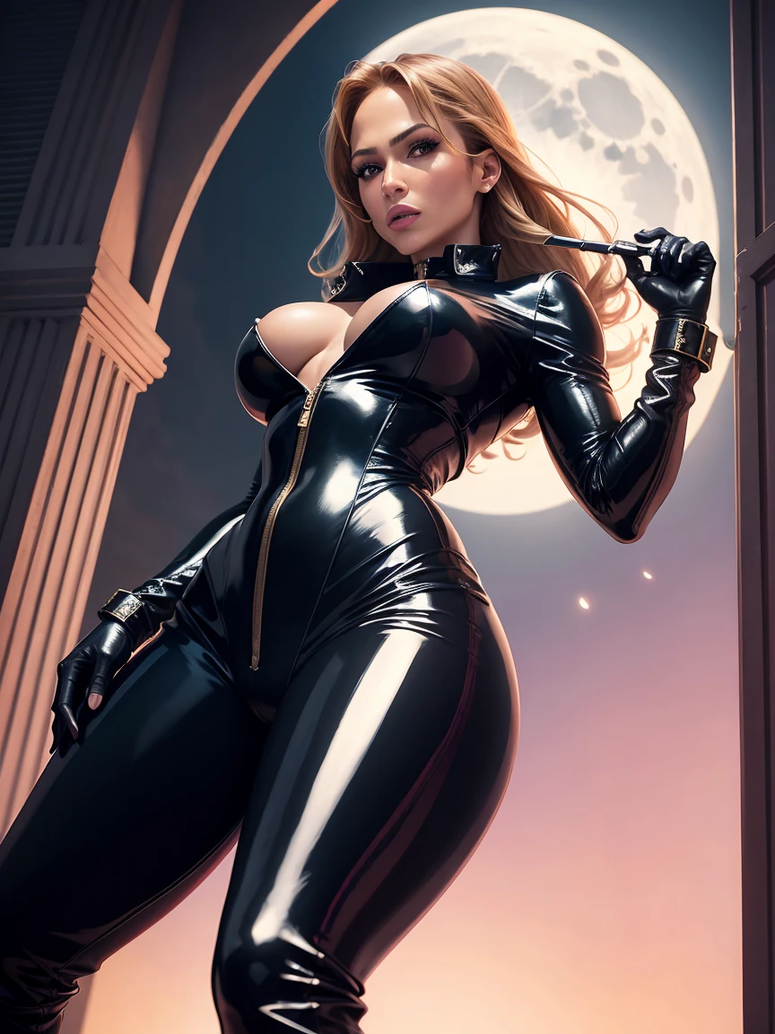 Jennifer Lopez dressed as dominatrix. tight shiny catsuit unzipped past navel, thigh high leather boots,. standing. Front view. background moon.