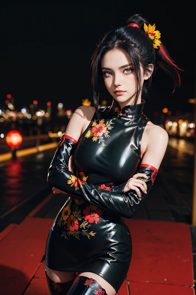 (RAW photo, best quality), Cute girl with short black hair, (ponytail), (city roof at night background), low light , green eyes , dark eyeliner, innocent smile, gorgeous face , super cute, 18 years old , young looking, hyper detailed face, dark eyeliner, (medium breast), (thin waist, super slender), (bare shoulders, (bare hips), skintight black and red PVC qipao dress with yellow flower decoration and vivid red patterns, deep black leather thigh high boots, black and red PVC arm sleeves with yellow flower decorations and vivid red patterns