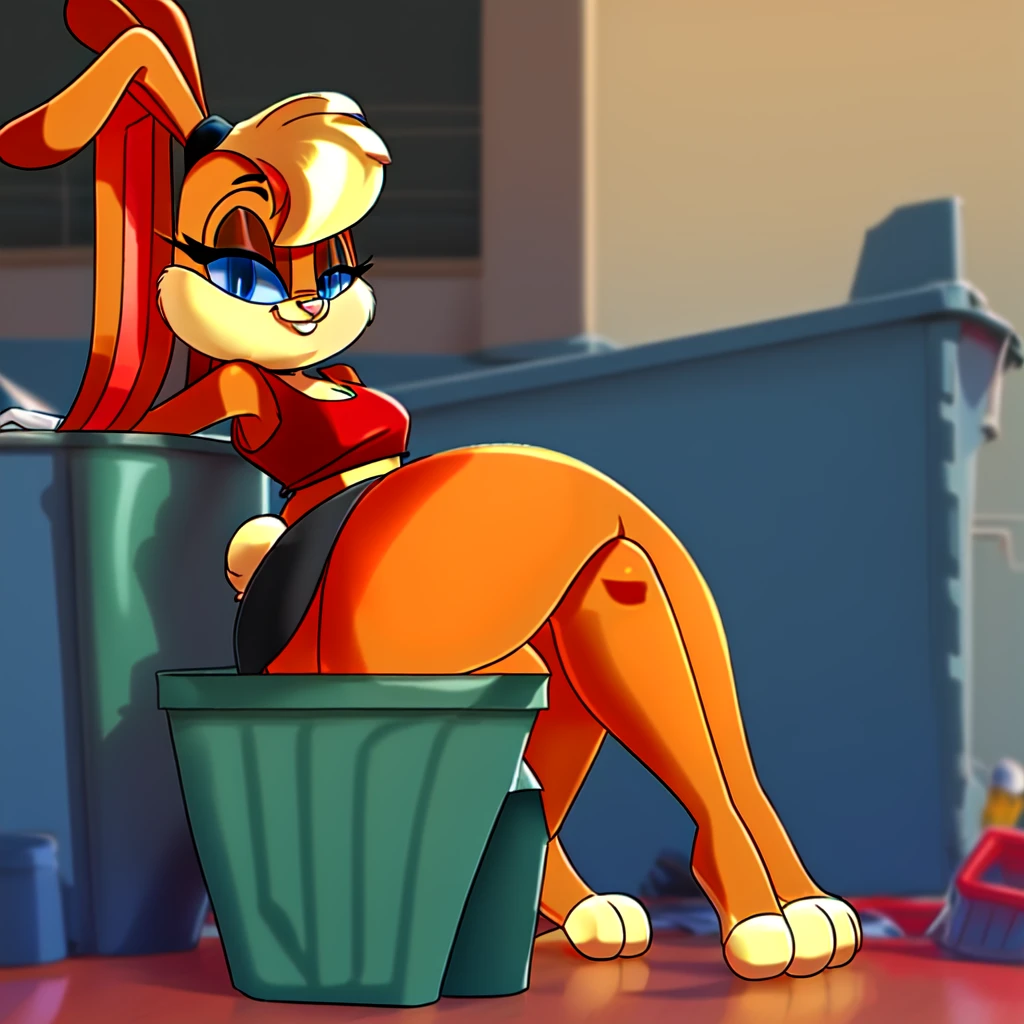 Anthro Bunny Character, Wearing Red Shirt, Wearing black swimming shorts, has thick thighs, sitting down in crossed legs, in a trash disposal place, high quality, crisp, no nudity, no lust,