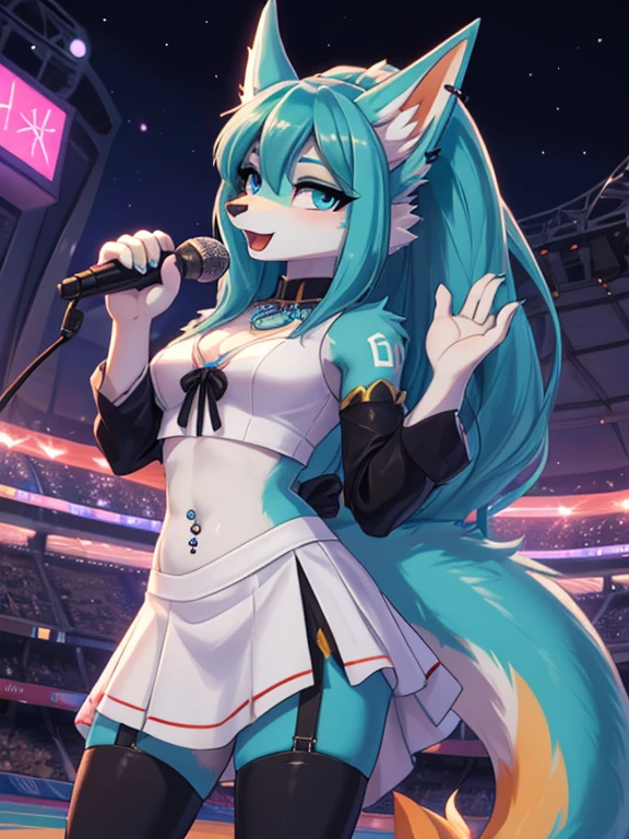 Chica anime,tennage girl 18 years old, anime style, cute hatsune miku x suicune, shy girl , Orejas de Kitsune, arte de dark natasha, city landscape, arte de vixen aztra, cuerpo completo, patas hermosas, cintura delgada, caderas amplias, navel white blouse, white&pink skirt, navel piercing, ear piercing, navel tattoo, atrevid pose, back pose, fluffly tail, sensual eyes (la mejor definicion) long hair, black flash, city party, city night life, party girl, idol girl, girl with microphone singing, deep blue eyes (HD), white&pink dress, super mega star idol, aura pura, silueta de luz, silueta radiante de luz dorada, su cuerpo brilla, best lighting in photography, fullbody picture, singing in a stadium