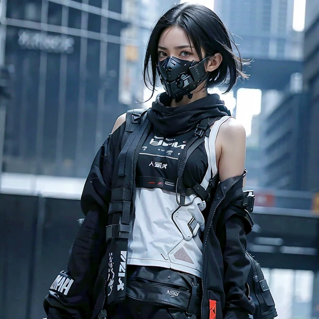 (masterpiece), best quality,1girl, short black hair, blue eyes, sexy urban techwear, white tank top, blurry background, eye focus, finger on lip, cowboy shot, huge city background, lora:GirlfriendMix2:1, zydG, looking over back, dramatic light, cinematic light, angry face, cyber masker, mouth mask, covered mouth