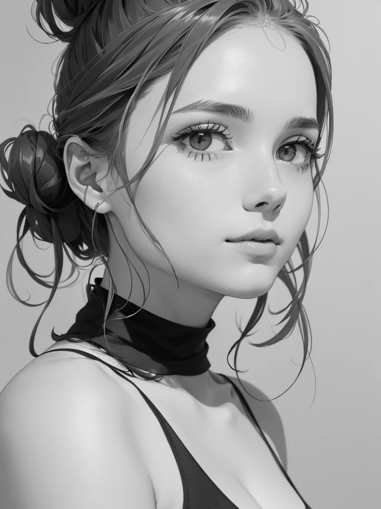 A stunning minimalist charcoal sketch of a woman with a messy bun, capturing the essence of effortless beauty. The sketch is done in a loose, expressive style, with the charcoal lines creating a sense of depth and texture. The background is simple and minimalistic, allowing the focus to remain on the subject of the sketch.