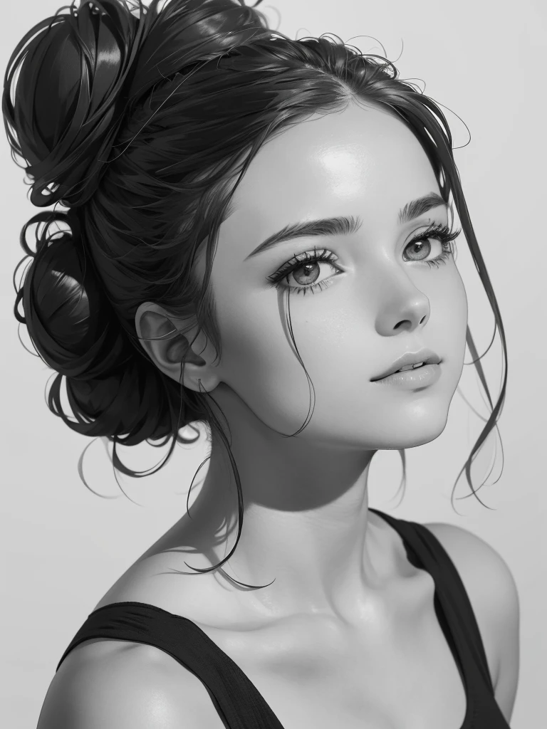 A stunning minimalist charcoal sketch of a woman with a messy bun, capturing the essence of effortless beauty. The sketch is done in a loose, expressive style, with the charcoal lines creating a sense of depth and texture. The background is simple and minimalistic, allowing the focus to remain on the subject of the sketch.