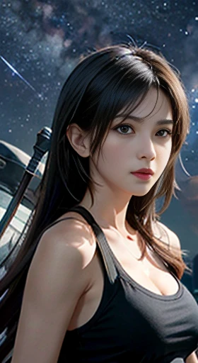 Art Station Trends, CGsociety Trends, Complex, Attention to detail, Sharp focus, dramatic, Starry Sky, Tifa Lockhart in Final Fantasy, Tifa's Original Costume Final Fantasy 7, Age 25, Mature Appearance, Travel and realistic drawing art by Greg Rutkowski, sketch, Tabletop, Highest quality, Very detailed, 1 Female, Half Body, Head to Bust Image Scope, Portrait Goals, Close-up shot, White tank top and black leather skirt, Standing position, Beautiful and delicate eyes, Cute face, bust, Big Boss, Beautiful and delicate face, Gray Hair, (Botanical illustration: 1.5), No exposure to pornography, Your breasts will get bigger,