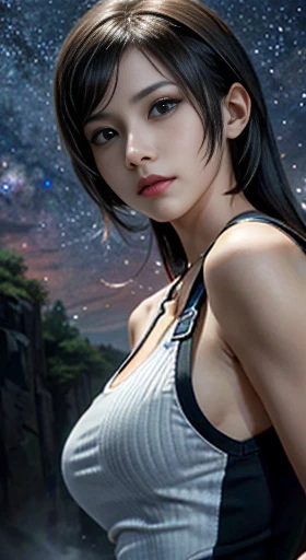 Art Station Trends, CGsociety Trends, Complex, Attention to detail, Sharp focus, dramatic, Starry Sky, Tifa Lockhart in Final Fantasy, Tifa&#39;s Original Costume Final Fantasy 7, Age 25, Mature Appearance, Travel and realistic drawing art by Greg Rutkowski, sketch, Tabletop, Highest quality, Very detailed, 1 Female, Half Body, Head to Bust Image Scope, Portrait Goals, Close-up shot, White tank top and black leather skirt, Standing position, Beautiful and delicate eyes, Cute face, bust, Big Boss, Beautiful and delicate face, Gray Hair, (Botanical illustration: 1.5), No exposure to pornography, Your breasts will get bigger,