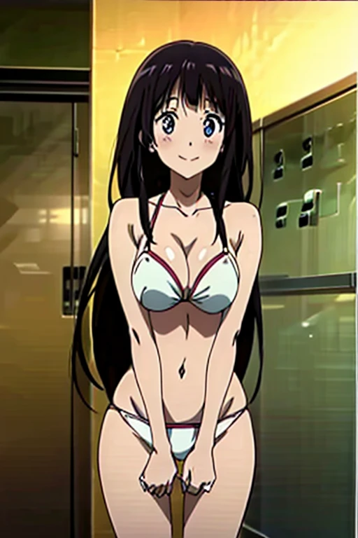 (anime cels style, megami magazine, poster style, best quality, high resolution, sharp image, 8k wallpaper, masterpiece), (beautiful detailed eyes, beautiful detailed face), Chitanda Eru, (black hair, long hair), blush, smile, (large breasts), white bikini, (cowboy shot, standing), simple background, (perfect detailed anatomy, perfect detailed body, perfect arms, perfect fingers, shiny skin)