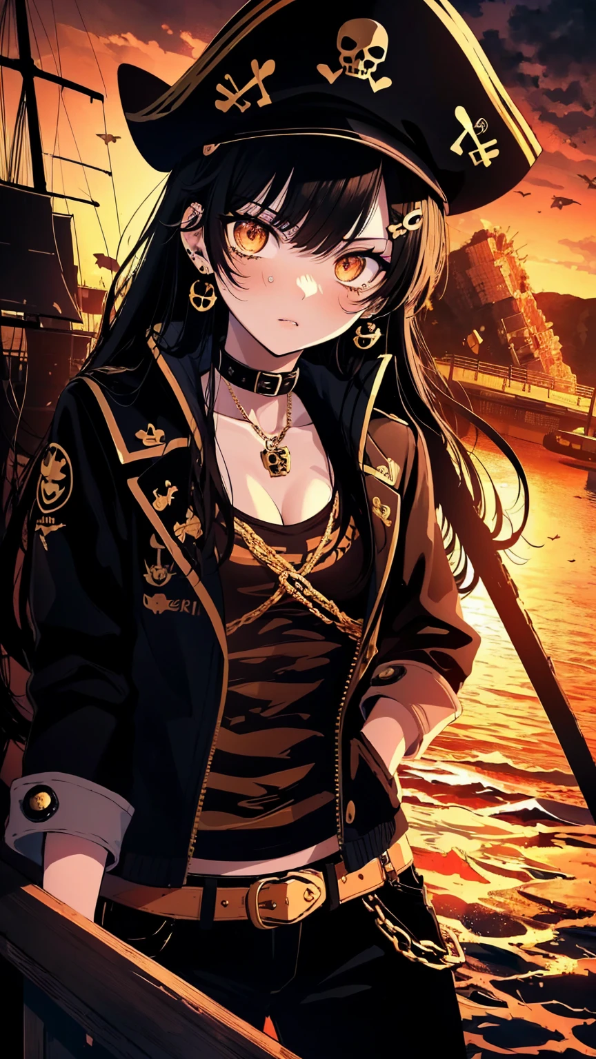 (best quality,4k,8k,highres,masterpiece:1.2),ultra-detailed,black long hair,beautiful detailed eyes,pouty lips,piercing gaze,confident expression,pirate hat with skull and crossbones,leather jacket with golden buttons,golden earrings,pirate sword,ship in the background,ocean waves crashing against the ship,stormy sky,gritty and realistic,high contrast lighting,strong shadows and highlights,dramatic atmosphere,warm color tones,moody and intense,swashbuckling adventure
