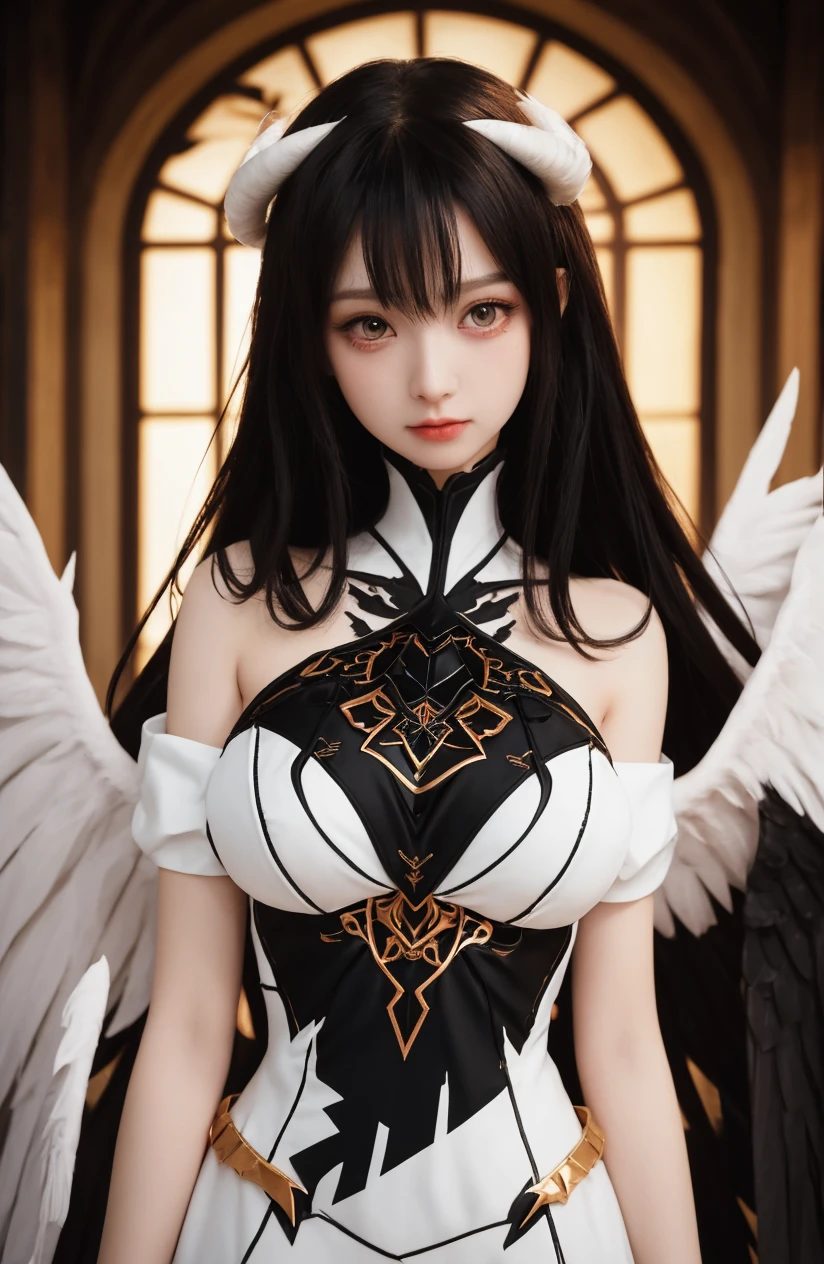 1girl, breasts, solo, horns, long hair, albedo (overlord), wings, large breasts, dress, hip vent, black wings, white gloves, gloves, looking at viewer, black hair, white dress, bare shoulders, hair between eyes, yellow eyes, feathered wings, demon horns, smile, feathers, demon girl, cleavage, slit pupils, detached collar, bangs, very long hair, closed mouth, black feathers, cowboy shot, covered navel, elbow gloves, white horns, standing, demon wings