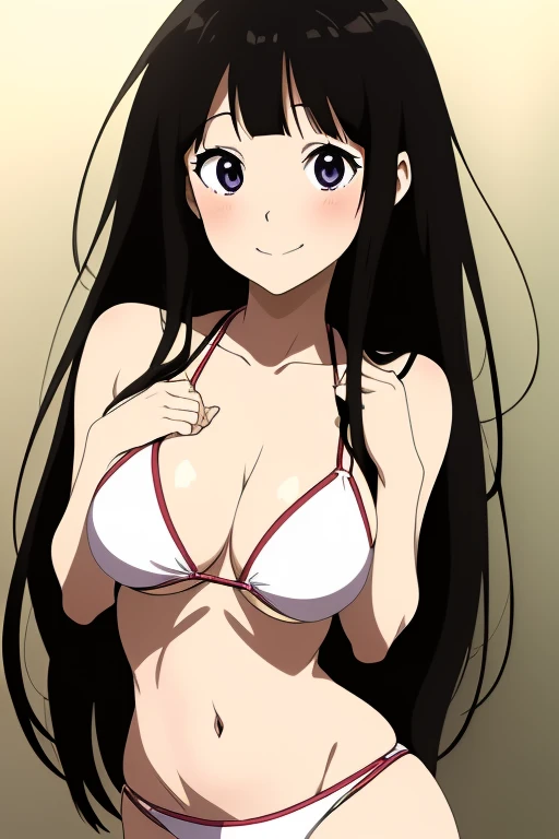 (anime cels style, megami magazine, poster style, best quality, high resolution, sharp image, 8k wallpaper, masterpiece), (beautiful detailed eyes, beautiful detailed face), Chitanda Eru, (black hair, long hair), blush, smile, (large breasts), white bikini, (cowboy shot, standing), simple background, (perfect detailed anatomy, perfect detailed body, perfect arms, perfect fingers, shiny skin)