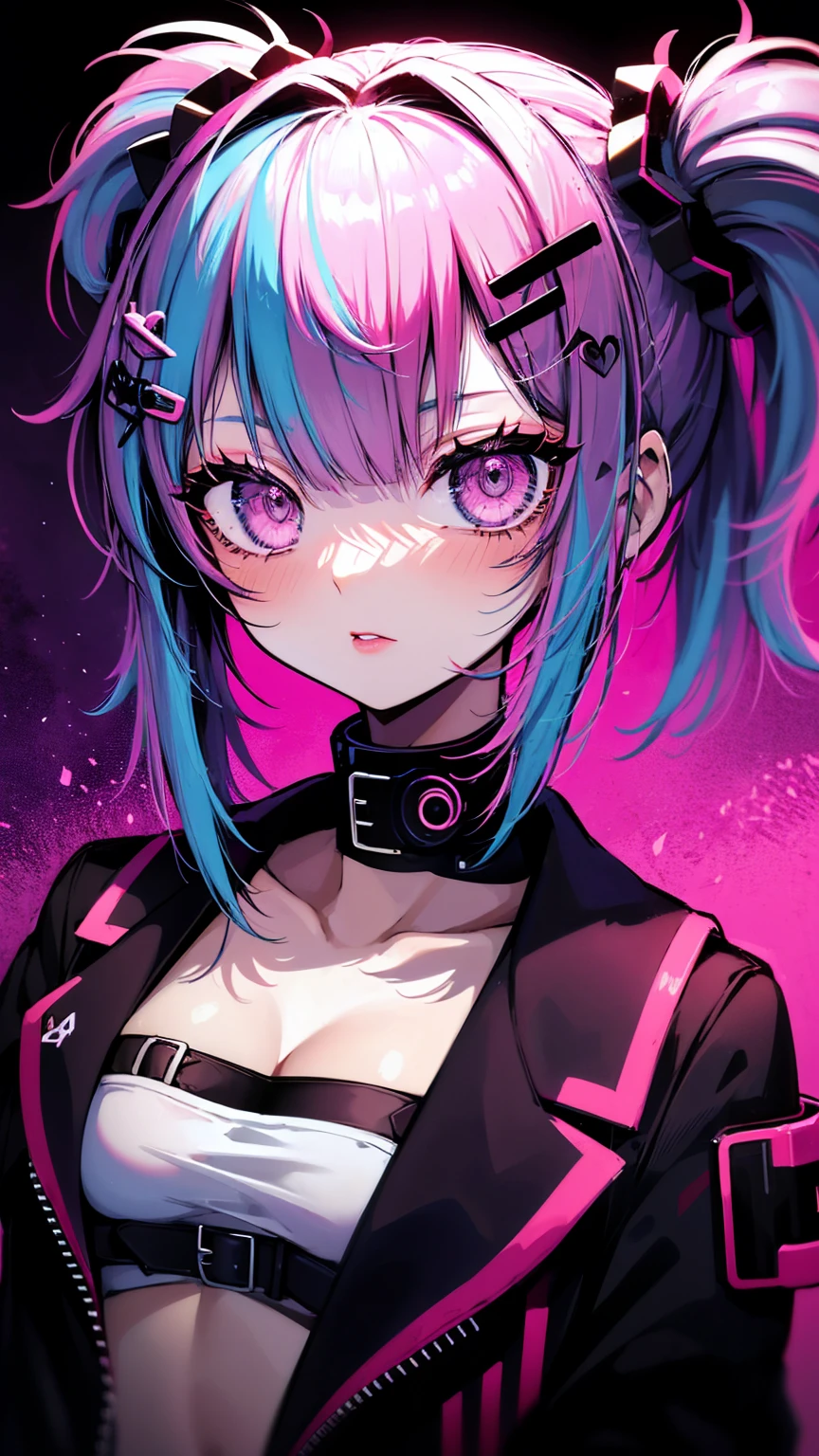 lucy \(cyberpunk\), 1girl, hair scrunchie, hime cut, silver hair, colored tips, full moon, grey eyes, jacket, long sleeves, looking at viewer, medium hair, multicolored hair, parted bangs, parted lips, pink hair, portrait, red eyeliner, red lips, solo, white jacket, cyberpunk \(series\), rainy night in a cyberpunk city with glowing neon lights