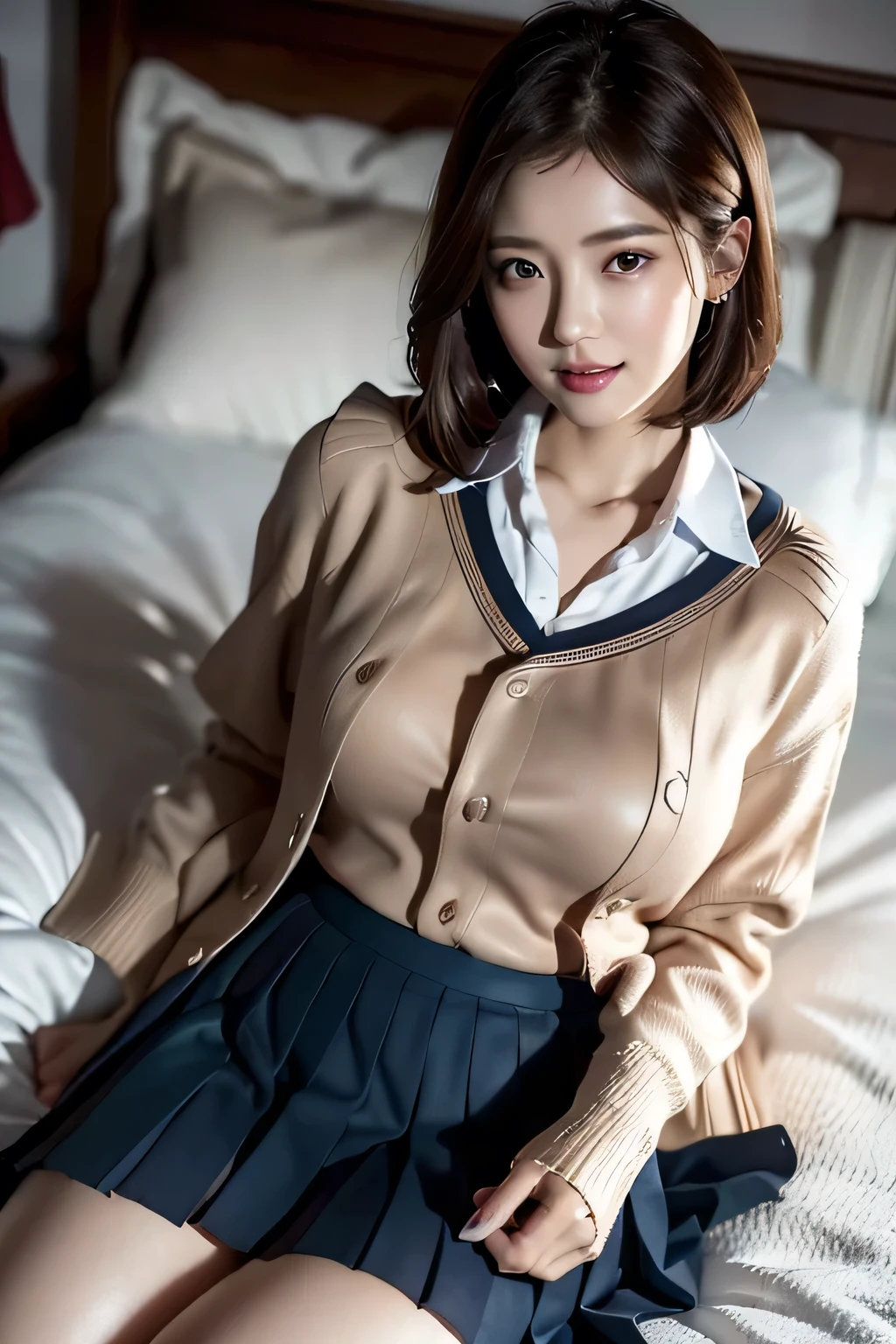 (((Woman lying on bed in bedroom)))、Accentuate your breasts、(((school uniform:1.3)))、Open white shirt、(((Check pleated skirt that fits snugly against the skin:1.7)))、(Reddish brown wet shiny short hair)、hairpin、hair ornaments、Blushing cheeks、Pointed red mouth、Large Breasts、Perfect body curves、Beautiful clavicle、Wet Hair、Wet Face、Wet body、Wet Skin、Wet costume、Detailed clothing features、Detailed hair features、Detailed facial features、Looking into the camera、(Dynamic Angle)、(Dynamic and sexy pose) )、Cinema Lighting、(masterpiece、Highest quality、Ultra-high resolution output images、Write Boundary Depth、Intricate details、Add depth to your subject with contrast between light and shadow、)、Digital Illustration、Single-lens reflex camera、(Realistic:1.3)、(8K quality、Anatomically correct facial structure、)、(Picture Mode Ultra HD、)