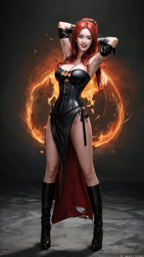 Megan Fox wearing the Evil Dark Phoenix costume, smiling, red hair tied in a bun at the back of her head, black corset, black thong panties, wears long black leather boots, long black gloves that cover her arms until above the elbows, black cape with a red rose, standing with a long black whip in her right hand, a full-body, hyper-realistic image