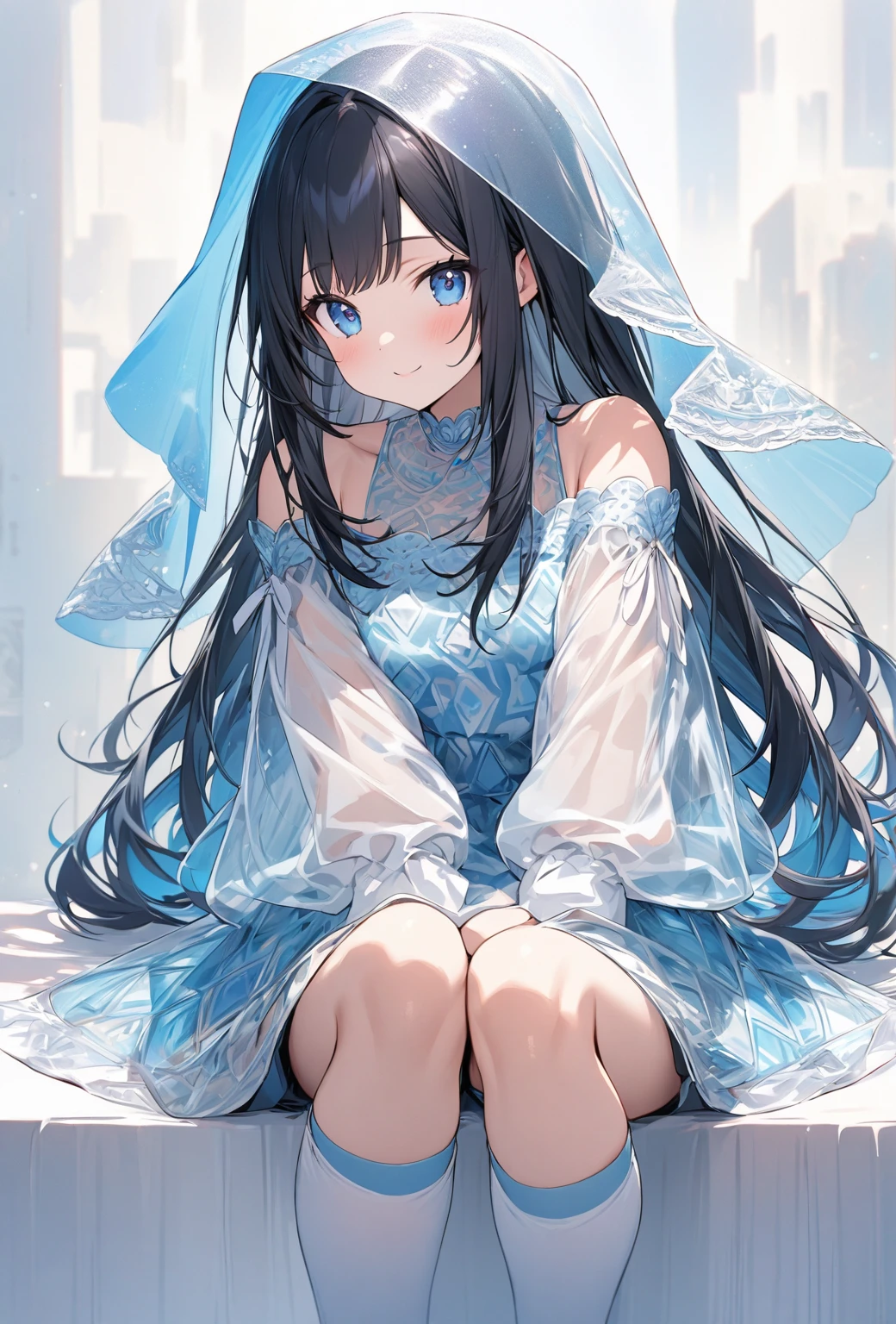 ((Highest quality)), ((masterpiece)), ((Very detailed)), (A very cute face staring at one point),A cool-looking woman with gentle black hair and a height of about 165cm.，A woman with a cute smile wearing a transparent blue waifus with a cute patterned hood and bare shoulders, alone, Cute attitude,(background(bright)，Long Hair - Straight，Knee-high socks、A transparent blue veil with a cute pattern and white hood with off-the-shoulder sleeves，White wall、Sitting、Facing the viewer、