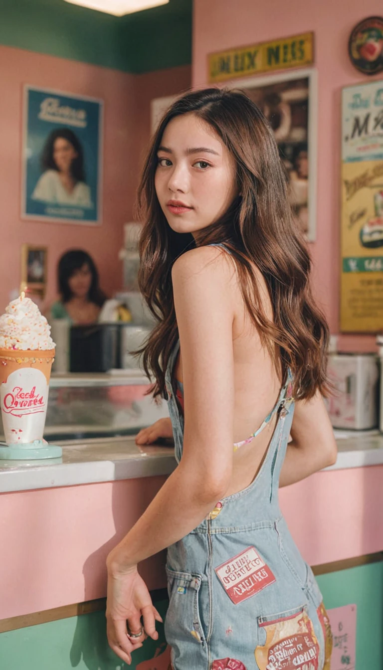 Portrait MagMix Girl look at camera, long hair, Overalls, Retro ice cream parlor with pastel-colored walls, a classic soda fountain counter, and vintage ice cream posters, bathed in warm sunlight, analog film photo, Kodachrome.