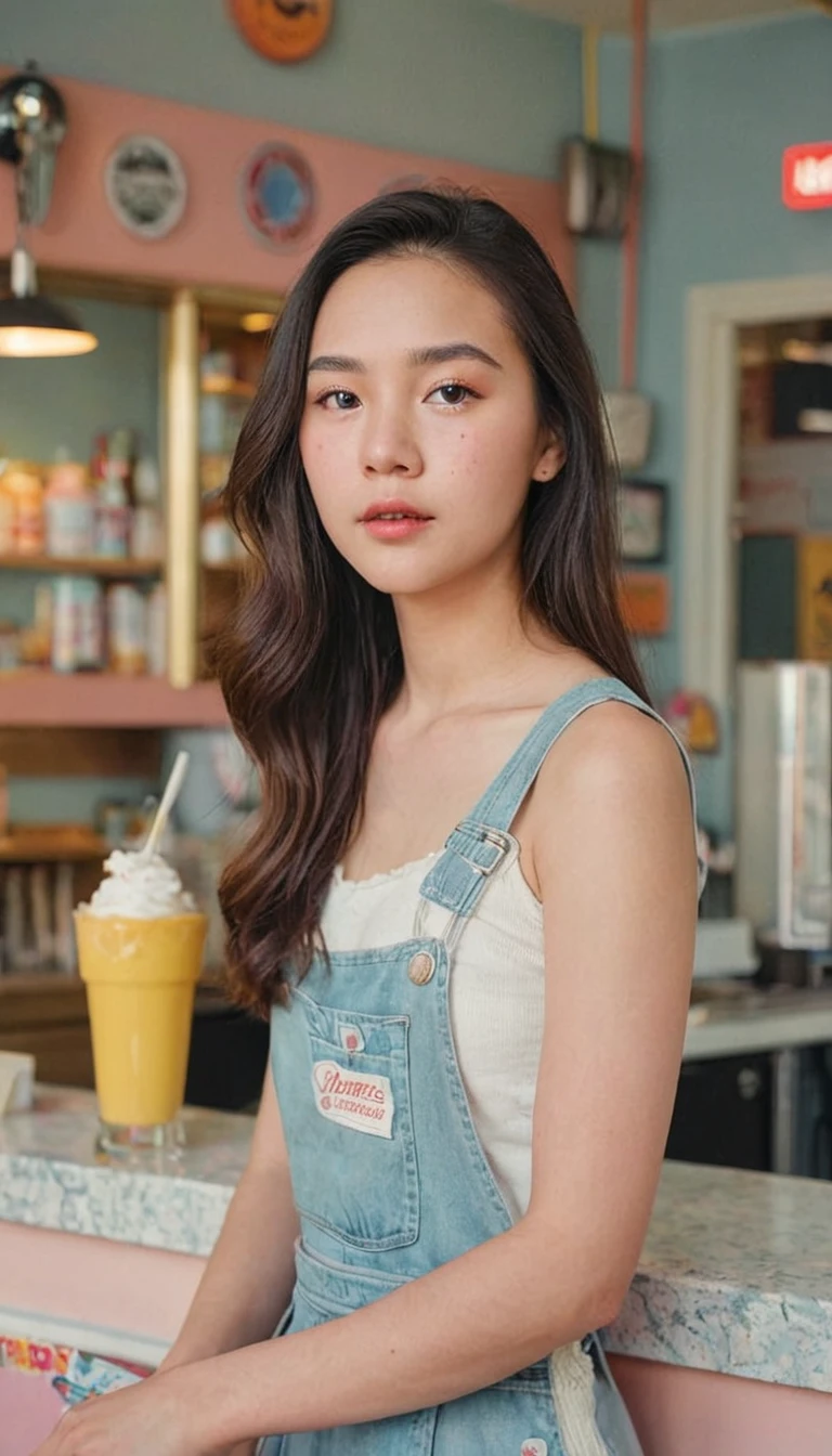 Portrait MagMix Girl look at camera, long hair, Overalls, Retro ice cream parlor with pastel-colored walls, a classic soda fountain counter, and vintage ice cream posters, bathed in warm sunlight, analog film photo, Kodachrome.