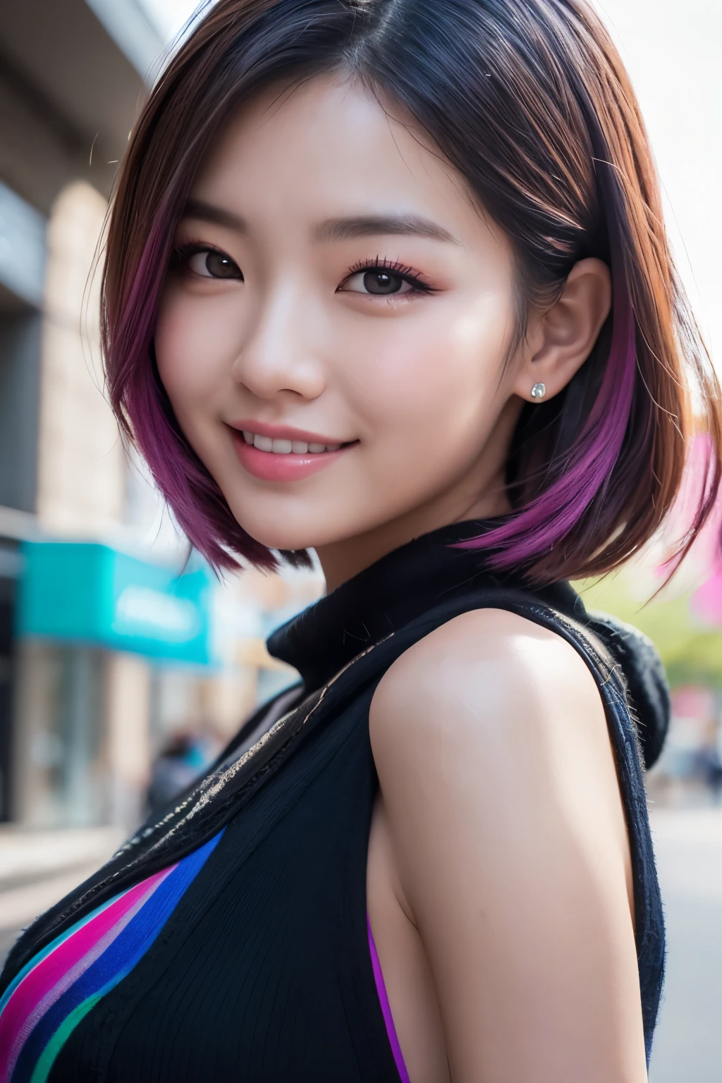 high quality, High resolution, masterpiece, completion, detailed.impressive, Cutting-edge female photography portraits, Showcasing a bold and daring street-art style. Facing forward、beautiful woman、smile、smile、cyan, and purple, Her vibrant makeup really catches the eye.. Her colorful hair is tied up high,  Blue and pink hues in harmony. 背景には蛍光クロムイエローand purpleの魅惑的なグラデーションが施されています, Blends seamlessly with the dynamic colors of your subject. This powerful combination of hyper-detailed realism and artistic expression creates a vivid,