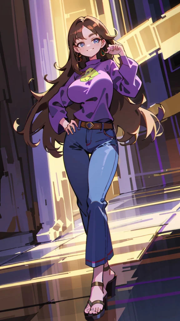 1 girl, long brown hair, conjunctivitis, purple shirt , Long flare jeans, sandals , full body , sly face., smile , big breasts, full body, stand on your hips...