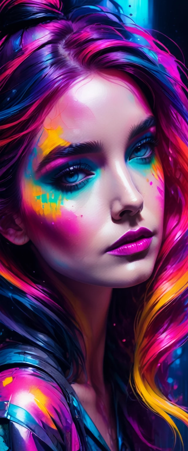 a close up of a person with a body painted in bright colors, cyberpunk art inspired by David LaChapelle, trending on cg society, gothic art, colorful digital fantasy art, dreamy colorful cyberpunk colors, colorful and dark, cyberpunk vibrant colors, hyper colorful, alice in wonderland cyberpunk, scary color art in 4k, cyberpunk art style, detailed portrait, beautiful eyes, intricate makeup, dramatic lighting, hyper realistic, vibrant colors, neon lights, dystopian, moody, cinematic, digital painting, masterpiece, photorealistic