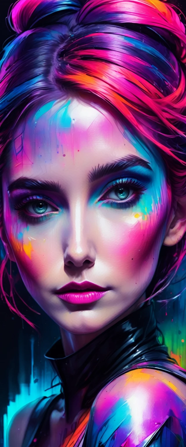 a close up of a person with a body painted in bright colors, cyberpunk art inspired by David LaChapelle, trending on cg society, gothic art, colorful digital fantasy art, dreamy colorful cyberpunk colors, colorful and dark, cyberpunk vibrant colors, hyper colorful, alice in wonderland cyberpunk, scary color art in 4k, cyberpunk art style, detailed portrait, beautiful eyes, intricate makeup, dramatic lighting, hyper realistic, vibrant colors, neon lights, dystopian, moody, cinematic, digital painting, masterpiece, photorealistic