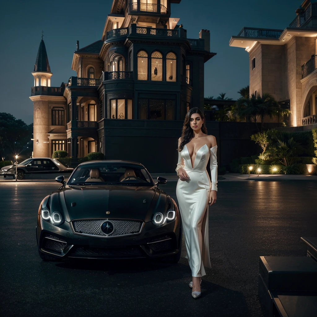 a beautiful detailed woman in a luxurious evening gown, elegant man in a tuxedo, stunning mansion, expensive luxury cars and sports motorcycles, helicopter hovering, yachts at the private pier, high-end automobiles, high-resolution, photorealistic, cinematic lighting, intricate details, dramatic composition, realistic textures, vibrant colors, elegant atmosphere