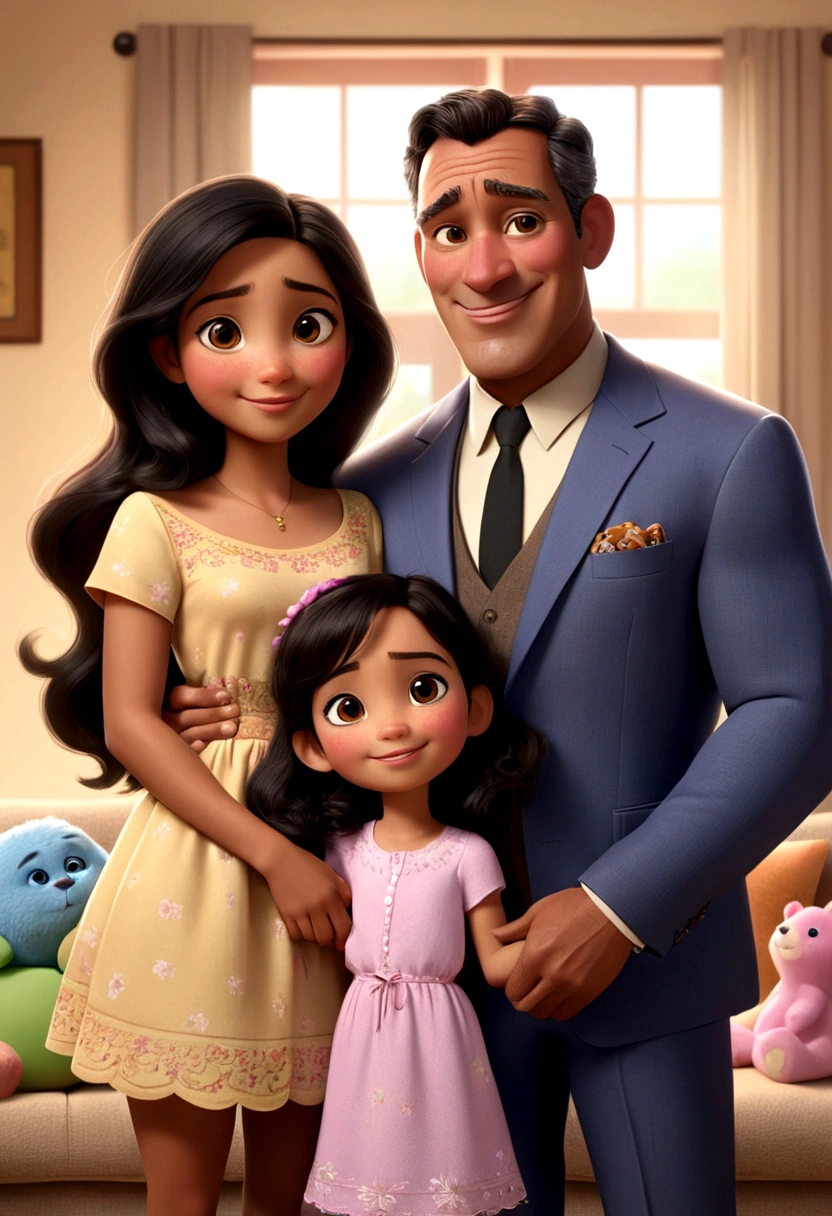 Estilo Pixar, solo 3 personas, un padre y sus dos hijas, las hijas miran a el padre y el padre las mira, It's a father and his two little daughters. el hombre que es el padre, The one who has brown, beige skin is his skin., el utiliza un traje de oficina, He is tall, looks 50 years old with black hair., en las manos de el padre lleva dos bolsas de regalos para sus hijas,He has two stuffed animals and the daughters are very happy to see their father, el se nota muy feliz ,surprising his two daughters, ages 10 and 6, his female daughters, one is taller than the other,They are very happy. They have brown skin and straight black hair. The setting is the living room of a house., girls toys atmosphere , se ven todos a los ojos y sonriendo tienen rostros perfectos