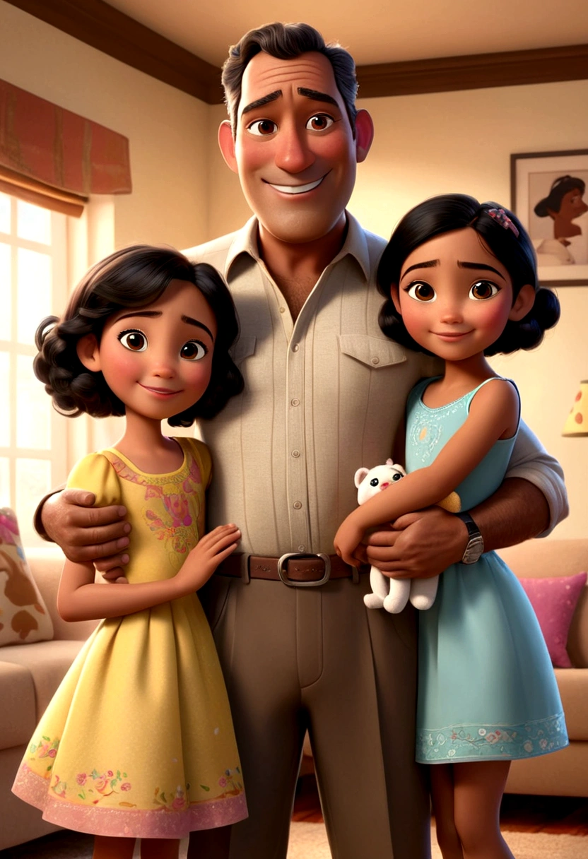 Estilo Pixar, solo 3 personas, un padre y sus dos hijas, las hijas miran a el padre y el padre las mira, It&#39;s a father and his two little daughters. el hombre que es el padre, The one who has brown, beige skin is his skin., el utiliza un traje de oficina, He is tall, looks 50 years old with black hair., en las manos de el padre lleva dos bolsas de regalos para sus hijas,He has two stuffed animals and the daughters are very happy to see their father, el se nota muy feliz ,surprising his two daughters, ages 10 and 6, his female daughters, one is taller than the other,They are very happy. They have brown skin and straight black hair. The setting is the living room of a house., girls toys atmosphere , se ven todos a los ojos y sonriendo tienen rostros perfectos
