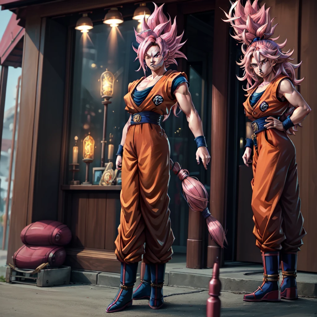 (masterpiece, best quality),  intricate details,
1girl,   xyzseraphine, pink hair, 
 TurtleSchoolUniform, dougi, belt, orange pants, blue footwear,  SuperSaiyan, super saiyan, spiked hair, aura, electricity, long hair,