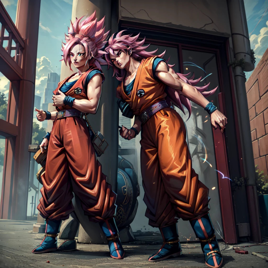 (masterpiece, best quality),  intricate details,
1girl,   xyzseraphine, pink hair, 
 TurtleSchoolUniform, dougi, belt, orange pants, blue footwear,  SuperSaiyan, super saiyan, spiked hair, aura, electricity, long hair,