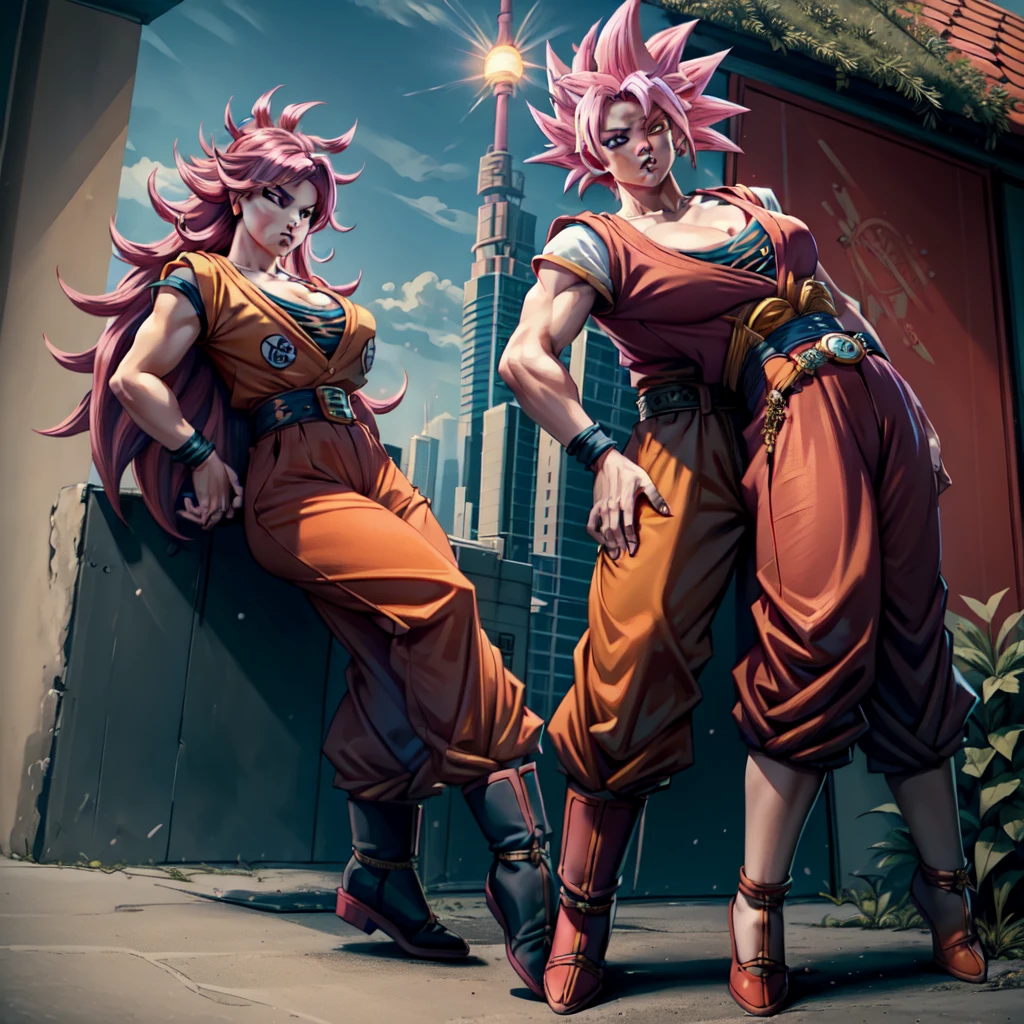 (masterpiece, best quality),  intricate details,
1girl,   xyzseraphine, pink hair, 
 TurtleSchoolUniform, dougi, belt, orange pants, blue footwear,  SuperSaiyan, super saiyan, spiked hair, aura, electricity, long hair,