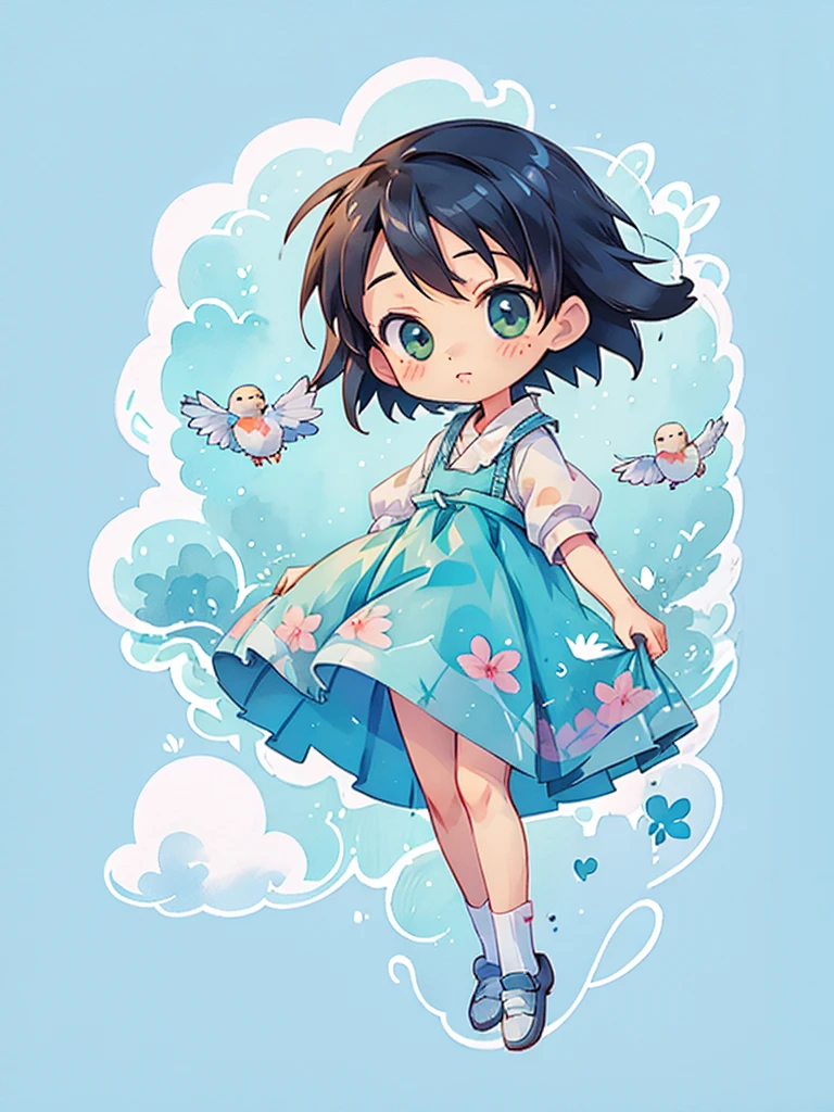 Makoto Shinkai style, Kawaii Design, most beautiful girl ever、Chibi, birdie、High walls