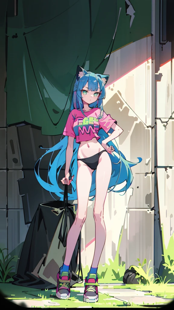 Masterpiece, best quality, high resolution, 1 woman, Long blue hair with pink stripes, smooth, green eyes, Bored face , cat ears , pink t-shirt , black bikini , abdomen, big breasts , Long legs , stand on your hips , canvas shoes , wall , Garbage bags 