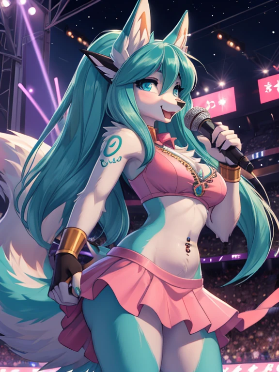 felicia, darkstalkers, standing on stage, performing at a concern, dressed at a non, singing, large crowd, big stage, thick thighs, big breast, catgirl, neko, blue hair, pink nails