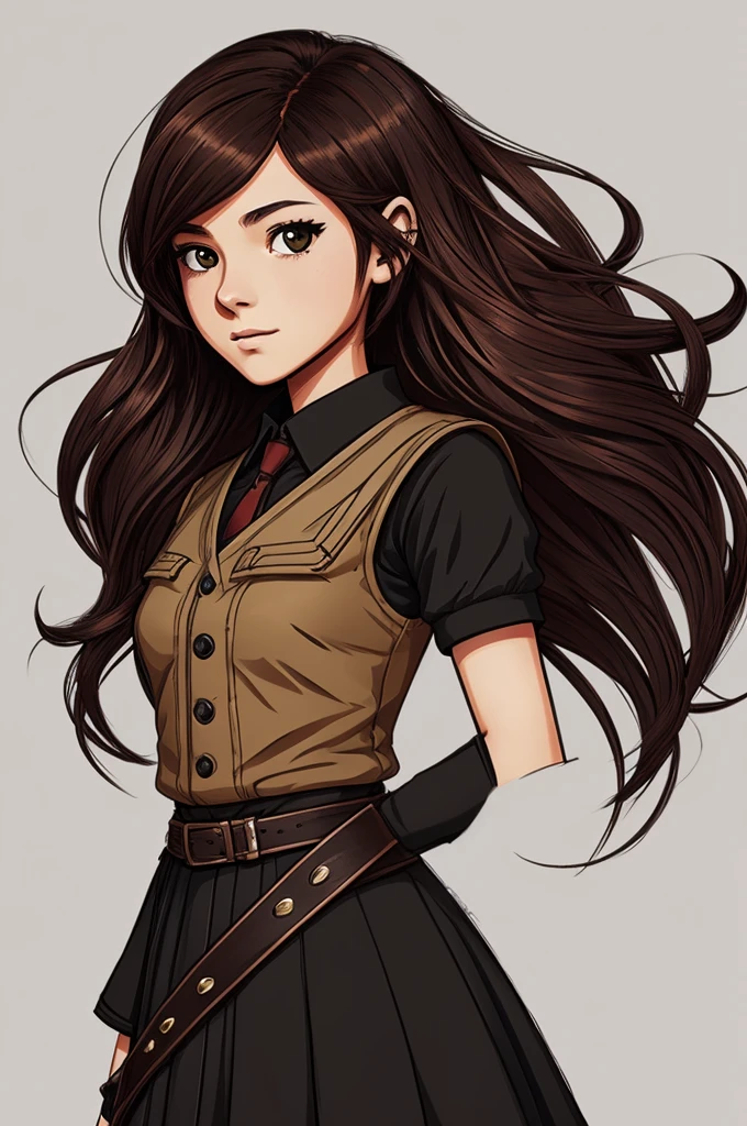 Generates a drawing of a 16-year-old girl in the style of the series "The owl house" con el pelo color negro con mechas rojas, orejas semi-puntiagudas 