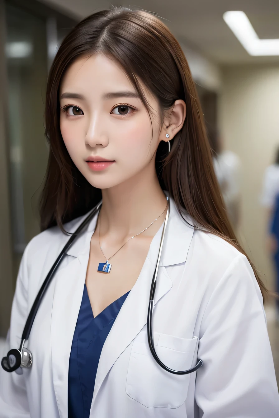 Beautiful young woman、 Korean women、Brown Hair、Necklace around the neck、White、Stethoscope、Tie your hair back、Please open your mouth a little、Intricate details, Very detailed:1.2), 、 Looking into the camera,The background is a hospital corridor.、ear piercing