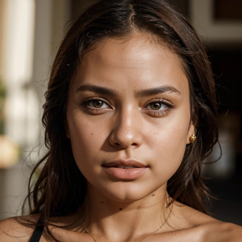 Ultra realistic portrait photo of a mixed-race woman, cute, light brown eyes, small face, of Brazilian origin, detailed in 4K high resolution.