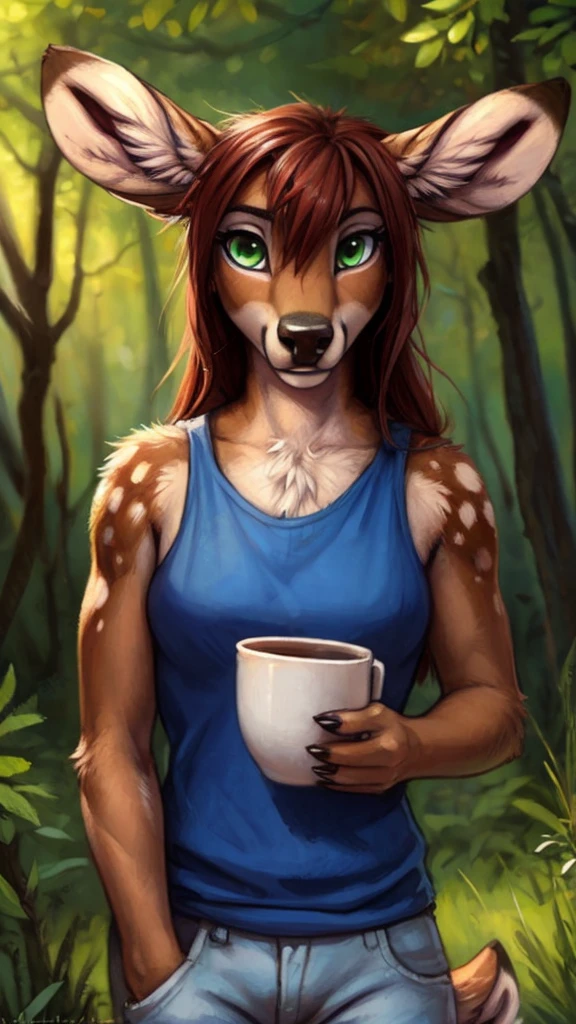 by kenket, by totesfleisch8, (by thebigslick, by silverfox5213:0.8), (by syuro:0.2), by tom_fischbach,, (best quality, masterpiece:1), solo, furry female anthro, green eyes, long hair, reddish brown hair, portrait, fingers, finger claws, looking at viewer, deer, holding a male micro wolf furry in her hands(outdoors dark forest trees blurry blurred background: 1.1), dressed in a white tanktop.