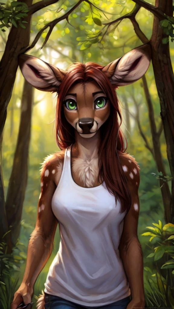 by kenket, by totesfleisch8, (by thebigslick, by silverfox5213:0.8), (by syuro:0.2), by tom_fischbach,, (best quality, masterpiece:1), solo, furry female anthro, green eyes, long hair, reddish brown hair, portrait, fingers, finger claws, looking at viewer, deer, holding a male micro wolf furry in her hands(outdoors dark forest trees blurry blurred background: 1.1), dressed in a white tanktop.