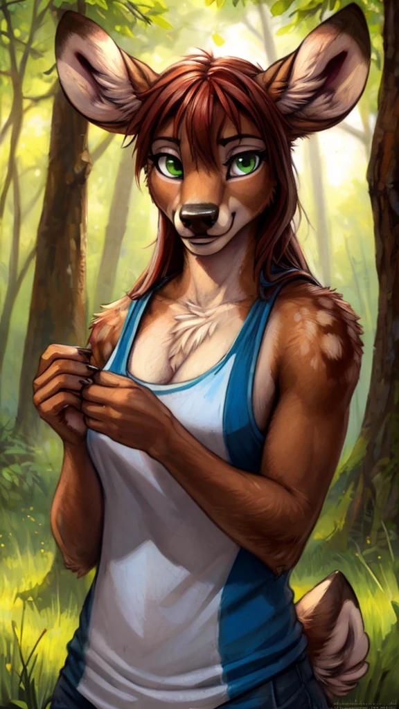 by kenket, by totesfleisch8, (by thebigslick, by silverfox5213:0.8), (by syuro:0.2), by tom_fischbach,, (best quality, masterpiece:1), solo, furry female anthro, green eyes, long hair, reddish brown hair, portrait, fingers, finger claws, looking at viewer, deer, holding a male micro wolf furry in her hands(outdoors dark forest trees blurry blurred background: 1.1), dressed in a white tanktop.