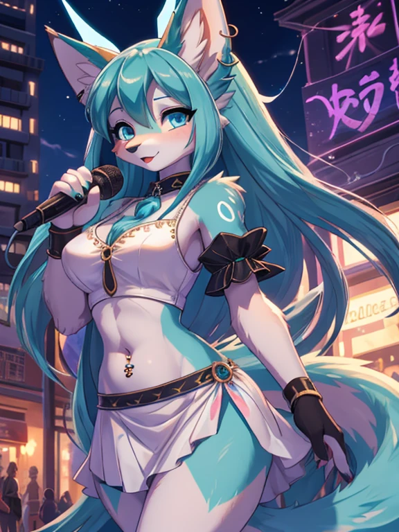 Chica anime,tennage girl 18 years old, anime style, cute hatsune miku x suicune, shy girl , Orejas de Kitsune, arte de dark natasha, city landscape, arte de vixen aztra, cuerpo completo, patas hermosas, cintura delgada, caderas amplias, navel white blouse, white&pink skirt, navel piercing, ear piercing, navel tattoo, atrevid pose, back pose, fluffly tail, sensual eyes (la mejor definicion) long hair, black flash, city party, city night life, party girl, idol girl, girl with microphone singing, deep blue eyes (HD), white&pink dress, super mega star idol, aura pura, silueta de luz, silueta radiante de luz dorada, su cuerpo brilla, best lighting in photography.
