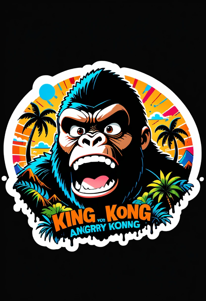 (((a sticker))), (((white background))),(((splash art))), intricately detailed t-shirt design ready for print , 2d, ONE BLACK angry shouting furious HUGE KING KONG in foreground,mountains peek Jungle sunset at the background, (((letters "KING KONG" ))), vibe detailed design for streetwear and urban style t-shirts design, pro vector, (cel-shading style:1.3), inkpunk, (ink lines:1.1), strong outlines, bold traces, high contrast, (cel-shaded:1.1), vector, 32k resolution, best quality, vibrant colors, anime, flat lights,vector t-shirt art ready for print, intricate rich extremely complex ornaments illustration, extremely detailed and complex illustration, high detail, clean lines style, intricate high details, (((white plain background)))