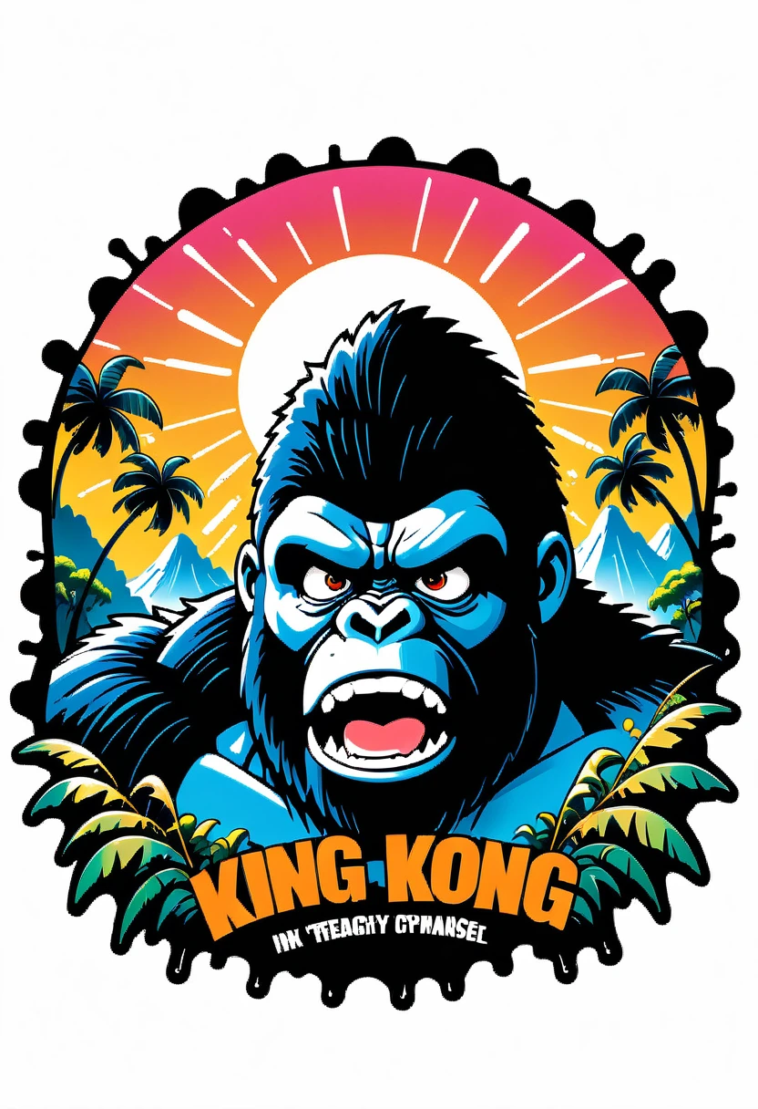 (((a sticker))), (((white background))),(((splash art))), intricately detailed t-shirt design ready for print , 2d, ONE BLACK angry shouting furious  HUGE KING KONG in foreground,mountains peek Jungle sunset at the background, (((letters "KING KONG" ))), vibe detailed design for streetwear and urban style t-shirts design, pro vector, (cel-shading style:1.3), inkpunk, (ink lines:1.1), strong outlines, bold traces, high contrast, (cel-shaded:1.1), vector, 32k resolution, best quality, vibrant colors, anime, flat lights,vector t-shirt art ready for print, intricate rich extremely complex ornaments illustration, extremely detailed and complex illustration, high detail, clean lines style, intricate high details, (((white plain background)))