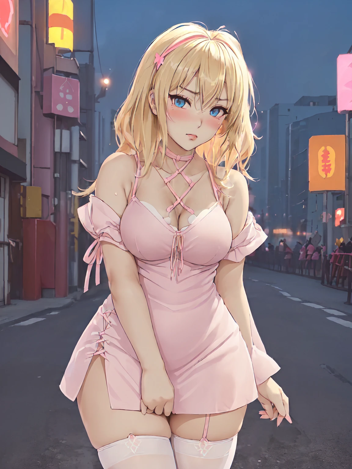 (This is a close-up shot of a gyaru Japanese girl:1.5), (standing in a city street:1.3), (at night with neon lights in the background:1.4), (solo:1.4), (1girl:1.4), (short bleached blonde hair with highlights:1.4), (heavy makeup:1.4), (dramatic winged eyeliner:1.3), (pouty pink glossy lips:1.3), (tanned skin:1.3), (wearing a skin-tight mini dress:1.4), (dress with criss-cross lacing on the sides:1.3), (thigh-high stockings:1.3), (detailed face:1.4), (beautiful detailed eyes:1.4), (shy embarrassed expression:1.4), (slightly flushed cheeks:1.3), (eyes looking slightly away:1.3), (large breasts:1.4), (slender curvy figure:1.4), (masterpiece:1.3), (best quality:1.4), (ultra high res:1.3), (photorealistic:1.2)