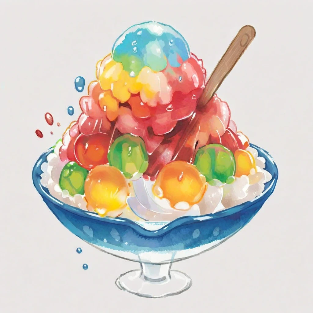 An image in watercolor style featuring a bowl of shaved ice, topped with vibrant, colorful syrups in shades of red, blue, and green. The ice glistens with a realistic texture, while the syrup flows down in a visually appealing manner. The bowl is set against a light, neutral background, which highlights the refreshing and colorful nature of the shaved ice. The watercolor technique should give a soft, fluid feel to the image, with blended colors and a slightly blurred effect that captures the essence of the medium,