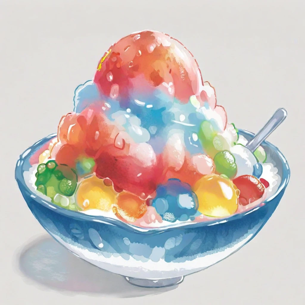 An image in watercolor style featuring a bowl of shaved ice, topped with vibrant, colorful syrups in shades of red, blue, and green. The ice glistens with a realistic texture, while the syrup flows down in a visually appealing manner. The bowl is set against a light, neutral background, which highlights the refreshing and colorful nature of the shaved ice. The watercolor technique should give a soft, fluid feel to the image, with blended colors and a slightly blurred effect that captures the essence of the medium,