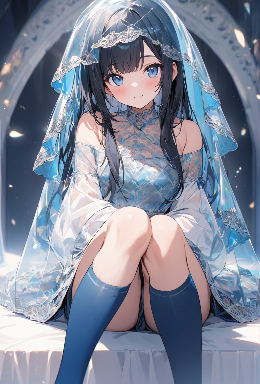 ((Highest quality)), ((masterpiece)), ((Very detailed)), (Very cute and kind),A cool-looking woman with gentle black hair and a height of about 165cm.，A woman with a cute smile wearing a transparent blue waifus with a cute patterned hood and bare shoulders, alone, Cute attitude,(background(bright)，Long Hair - Straight，Knee-high socks、A transparent blue veil with a cute pattern and white hood with off-the-shoulder sleeves，White wall、Sitting、Facing the viewer、