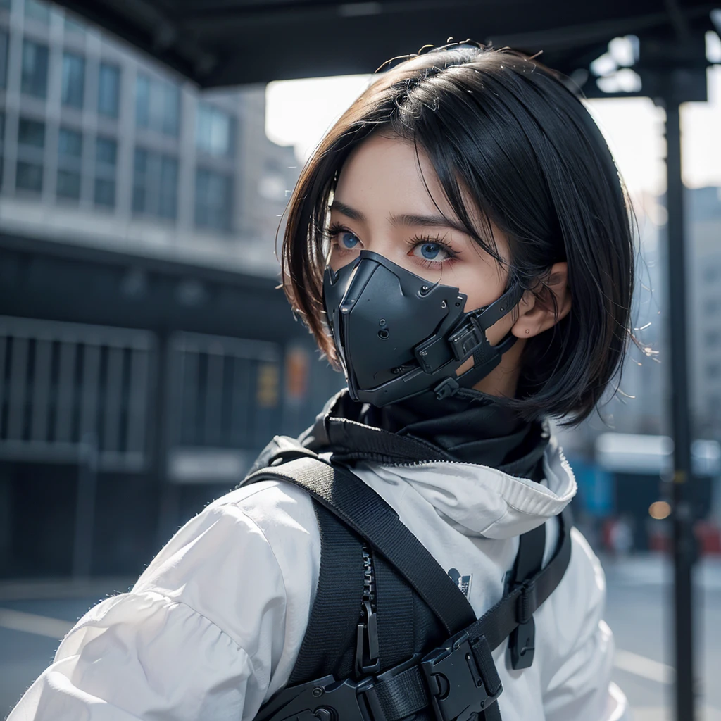 (masterpiece), best quality,1girl, short black hair, blue eyes, sexy urban techwear, blurry background, eye focus, finger on lip, cowboy shot, huge city background, lora:GirlfriendMix2:1, zydG, looking over back, dramatic light, cinematic light, angry face, cyber masker, mouth mask, covered mouth