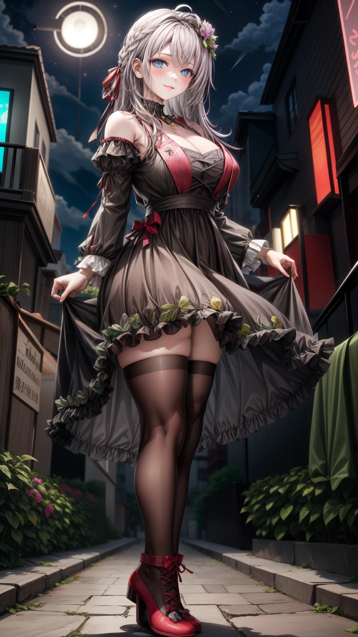 Alisa Kujou,
(night:1.7), 1 girl standing at attention, 22 years,hembra joven,hermoso Finger, hermoso long legs ,hermoso body ,hermoso Nose ,hermoso character design, ojos perfectos, perfect rostro,
There is an anime girl., 1 chica, muslos, solo, (falda muy corta:1.4), blue eyes, senos, vestido negro ,elegante , medias largas (vestido corto) , escote, arco, mano en la cadera, rubor, black muslos, arcotie, adentro, calzado marron, zettai ryouiki, mocasines, zapatos, large senos, mirando al espectador , (Booty that emphasizes curvaceous beauty),toma media distacia, toma de cercana boca abierta, thighs,
mirando al espectador, sonrisa, saludando al espectador, en el centro de la imagen, Fondo de pantalla CG unity 8k extremadamente detallado, Perfect lighting,vistoso, Brillante_frente_rostro_Lightinasterpiece:1.0),(mejor_calidad:1.0), ultra high resolution,4k,ultra detallado,
Photography, 8k, hdr, high resolution, absurdos:1.2, codas portra 400, film grain, fondo borroso, bokeh:1.2, Destello de lente, (vibrante_color:1.2)
, (hermoso_rostro:1.5),(angosto_cintura), (hermoso,Enorme_senos:1.3)