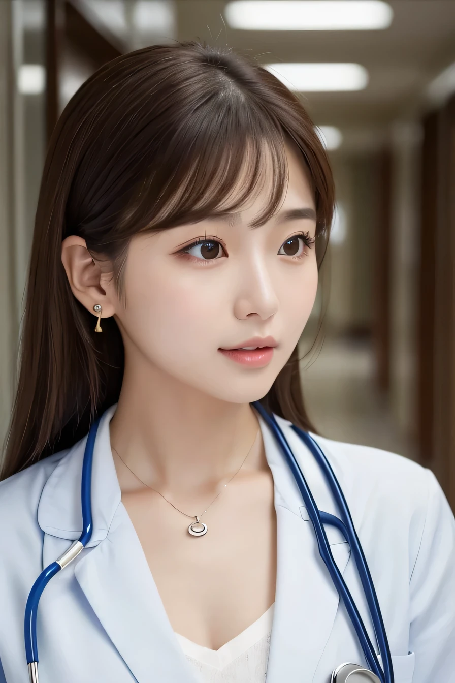 Beautiful young woman、 Korean women、Brown Hair、Necklace around the neck、White、Stethoscope、Tie your hair back、Please open your mouth a little、Intricate details, Very detailed:1.2), 、 Looking into the camera,The background is a hospital corridor.、ear piercing